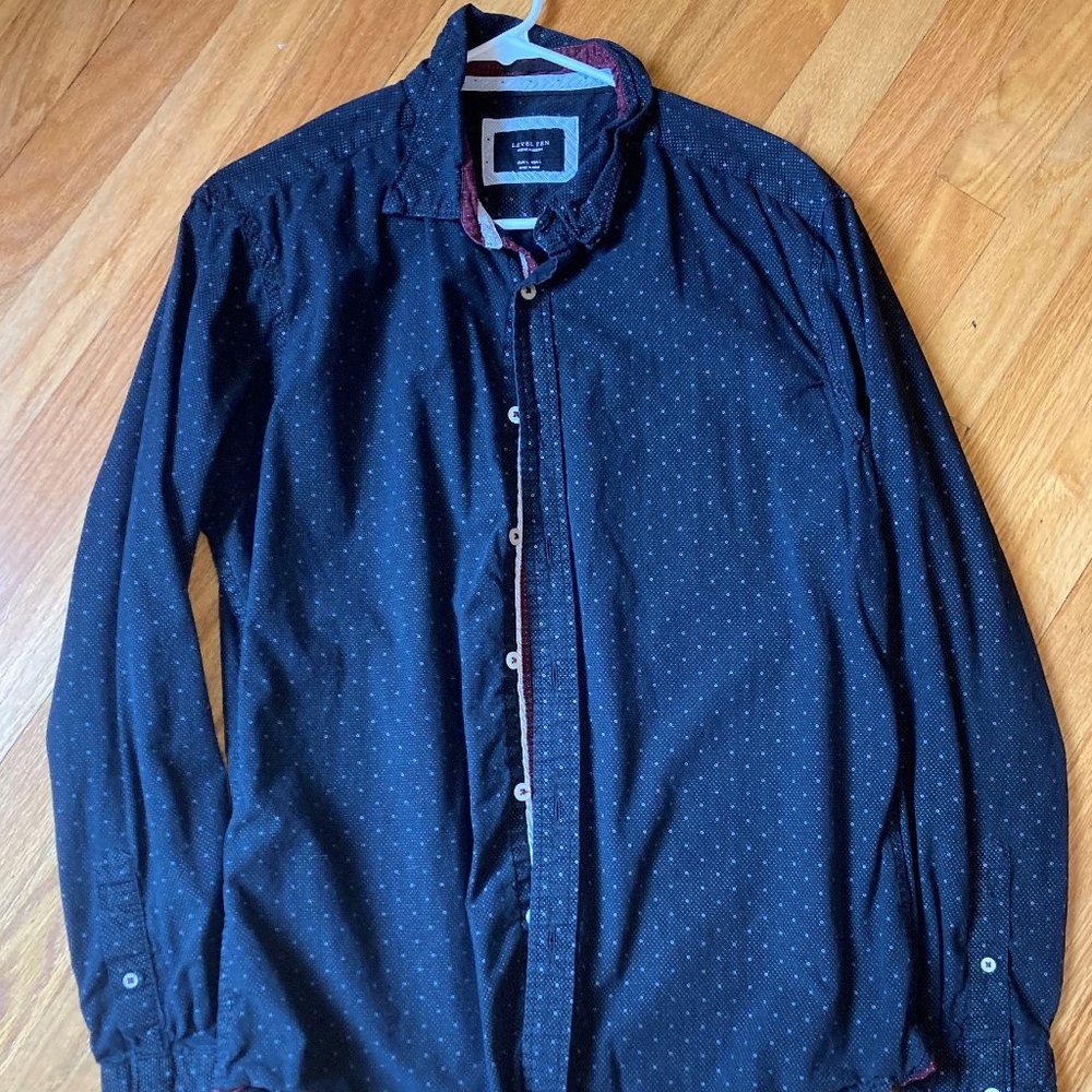 Black Button-Up Shirt with White Circle Pattern